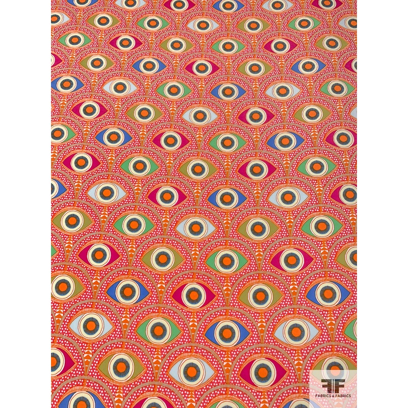 Hamsa Eye Printed Polyester Crepe de Chine – Hot Coral / Multicolor Fabric by the Yard