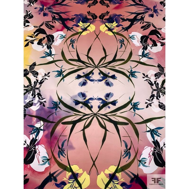 Italian Leaf and Floral Watercolor Printed Double Face Satin – Multicolor Fabric by the Yard