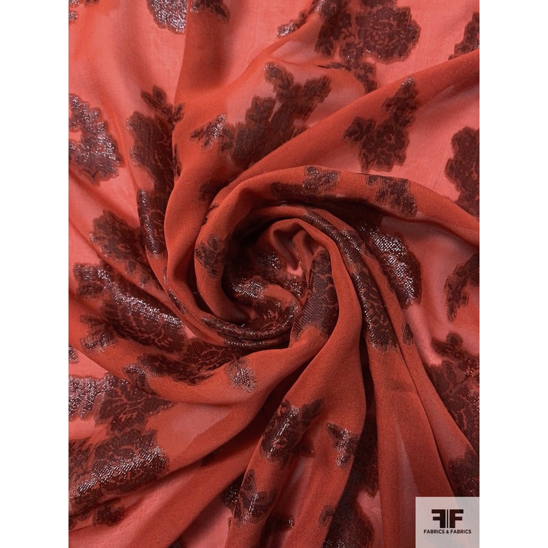 J Mendel Italian Metallic Floral Silk Chiffon – Burnt Orange / Metallic Brown Fabric by the Yard