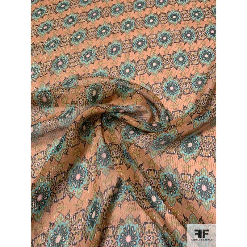 Mosaic Medallion Printed Silk Chiffon with Gold Lurex Pinstripes – Nude Brown / Aquamarine / Black / Olive Fabric by the Yard