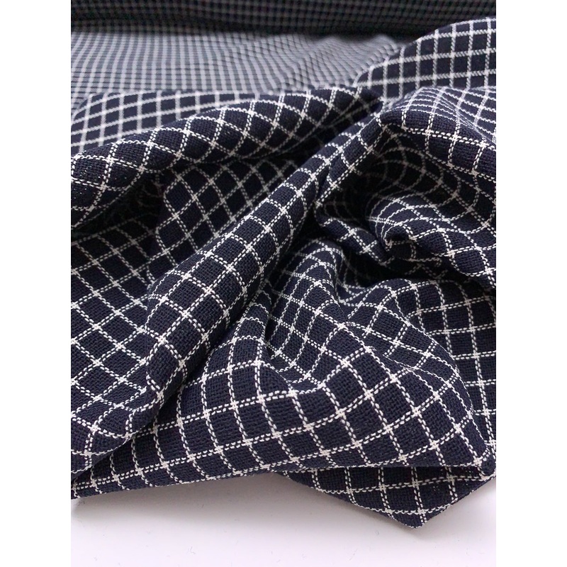 Windowpane Check Open-Weave Lightweight Wool Suiting – Navy / White Fabric by the Yard