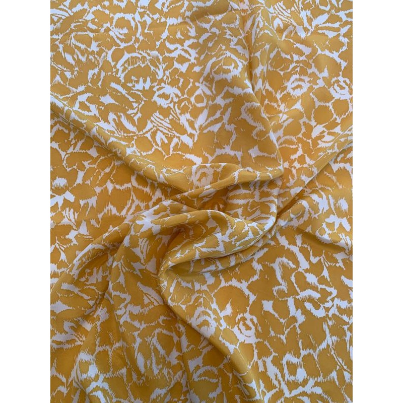 Abstract Leaf Graphic Printed Silk Crepe de Chine – Mustard Gold / Off-White Fabric by the Yard