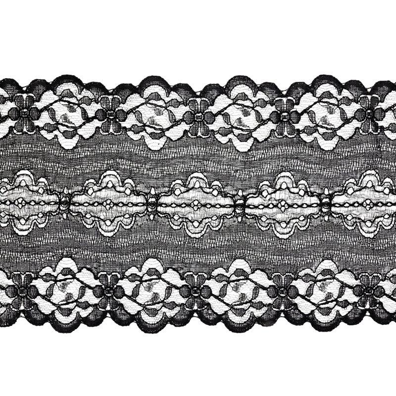 Black Floral and Abstract Re-Embroidered Lace Trim with Scalloped Edges – 5.25″