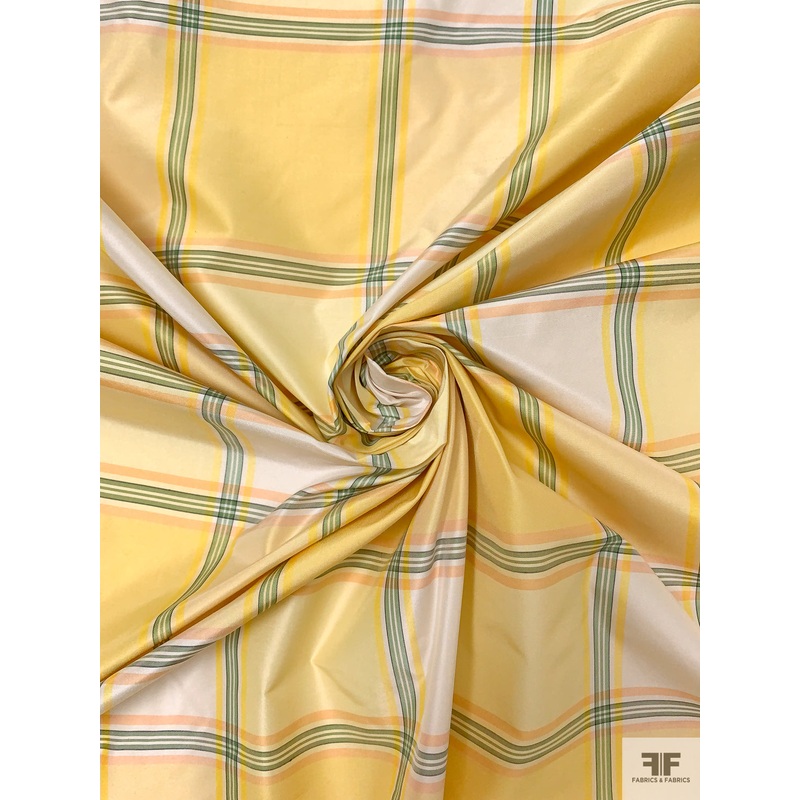 Box Plaid Yarn-Dyed Silk Taffeta – Soft Yellow / Green / Salmon Fabric by the Yard