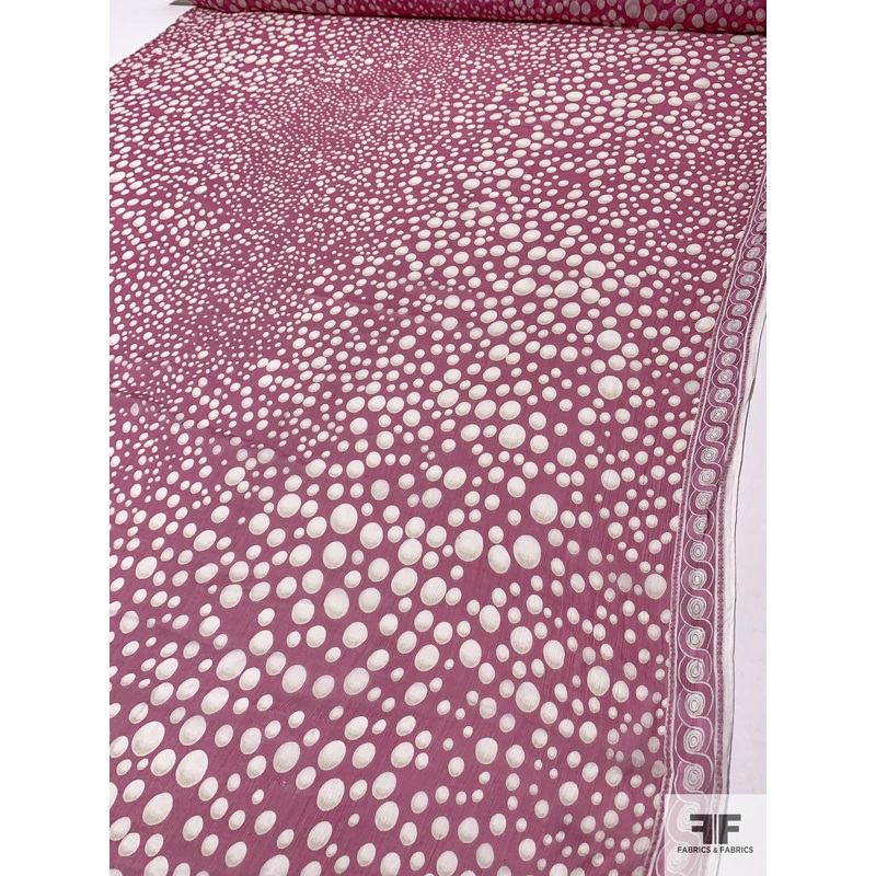 Bubble Circles and Border Printed Crinkled Silk Chiffon – Magenta / Off-White / Tan Fabric by the Yard
