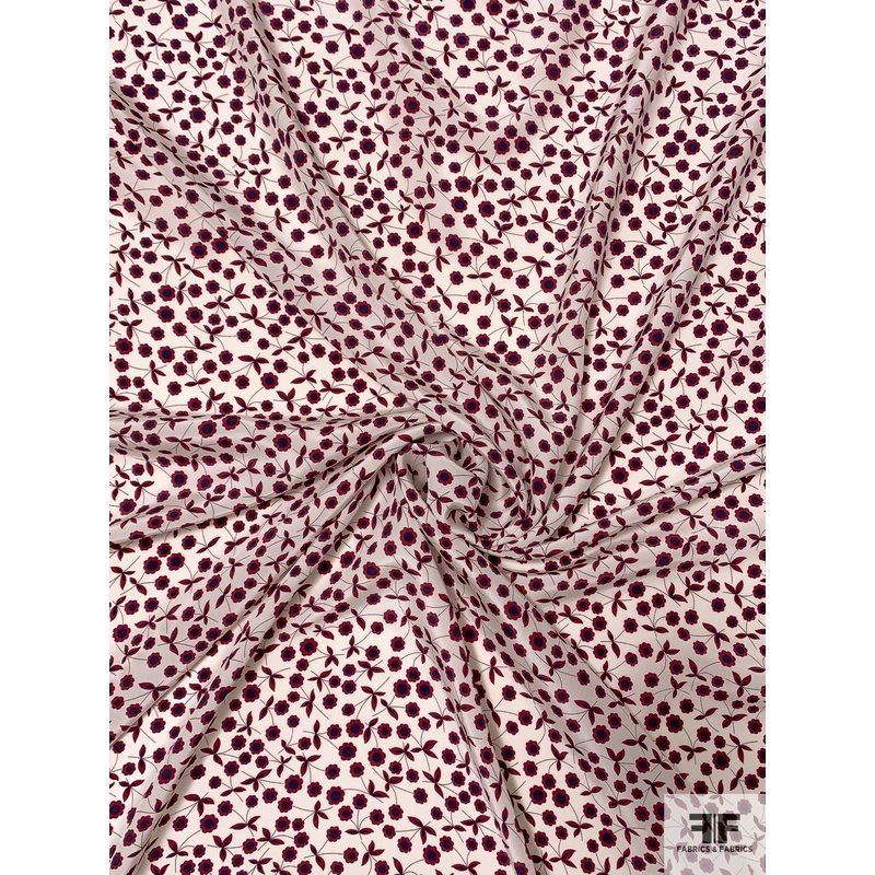 Ditsy Floral Printed Silk Crepe de Chine – Wine Red / Navy / White Fabric by the Yard