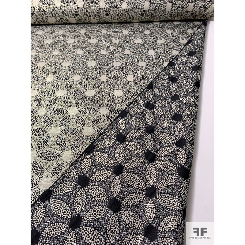 Famous NYC Designer Circle Design Double-Sided Metallic Brocade – Light Gold / Black / Grey Fabric by the Yard