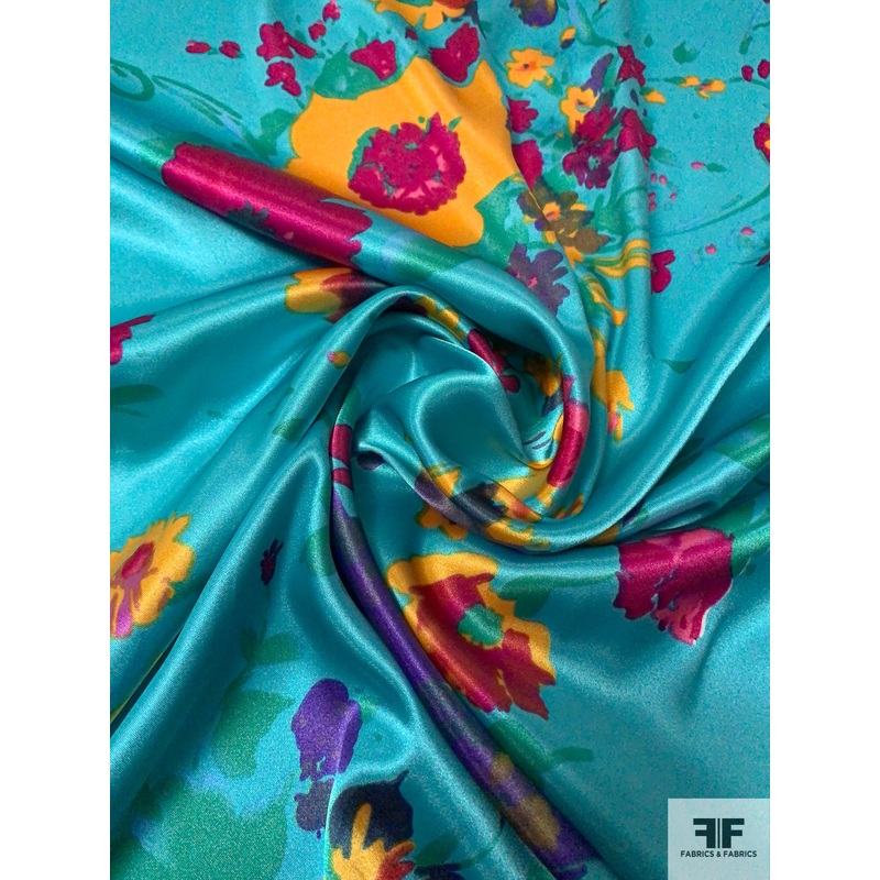 Famous NYC Designer Vibrant Floral Printed Polyester Charmeuse – Turquoise / Magenta / Marigold / Purple Fabric by the Yard