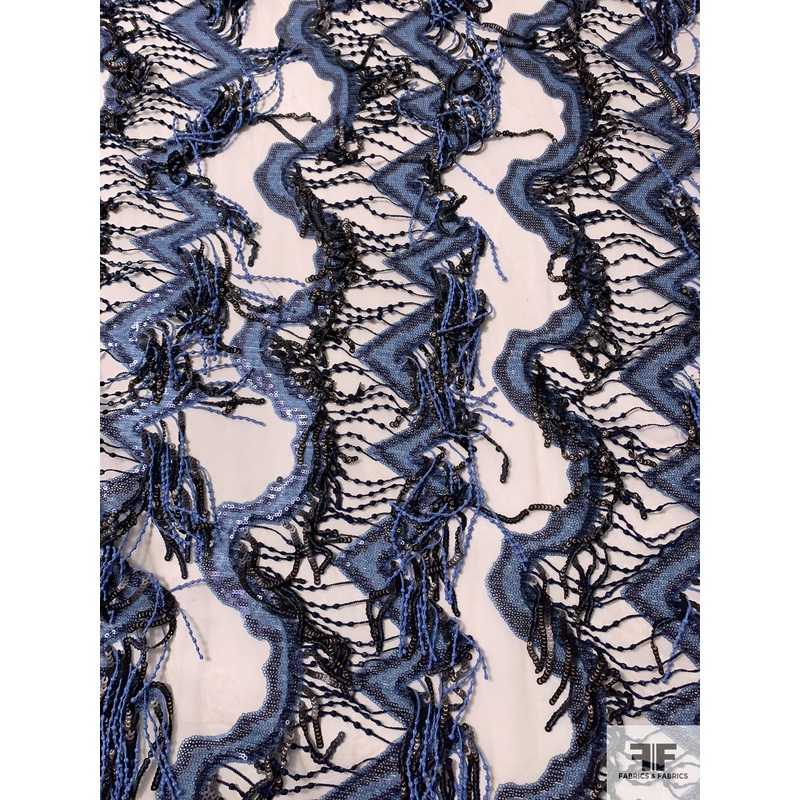 Fine Stretch Tulle with Sequins and Fringe – Periwinkle Blue / Black / Nude Fabric by the Yard