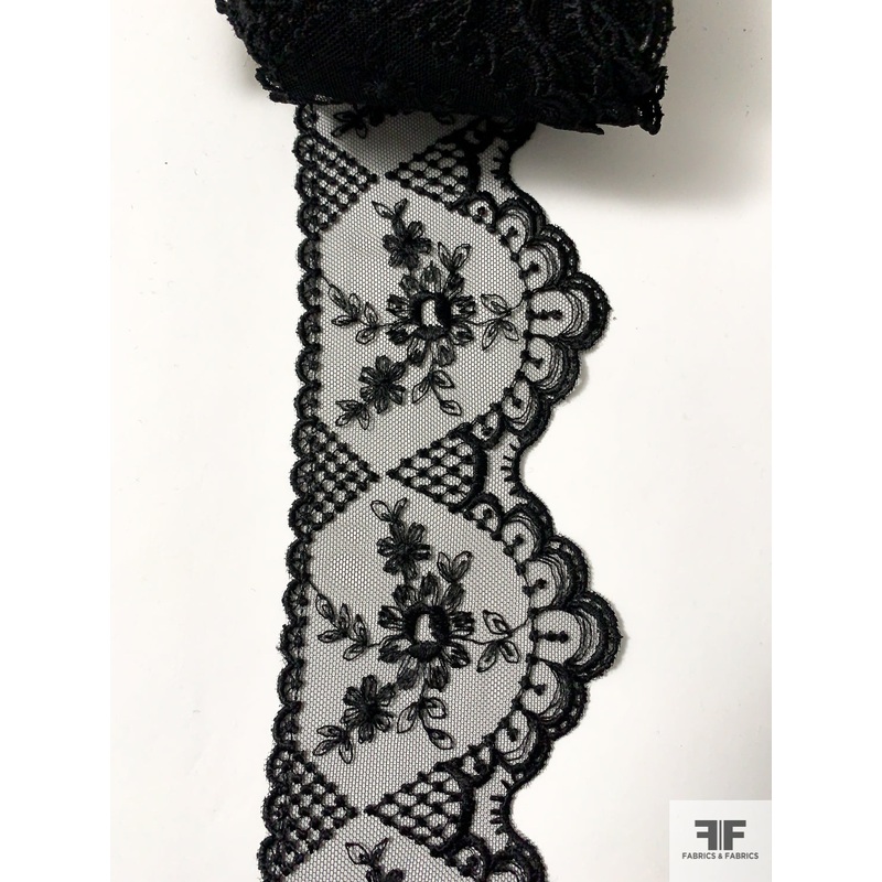 Floral Arches Embroidered Tulle Trim – Black Fabric by the Yard