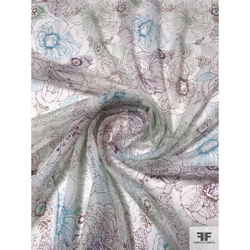 Floral Sketch Printed Crinkled Silk Chiffon – Light Sage / Purple / Turquoise / Brown Fabric by the Yard