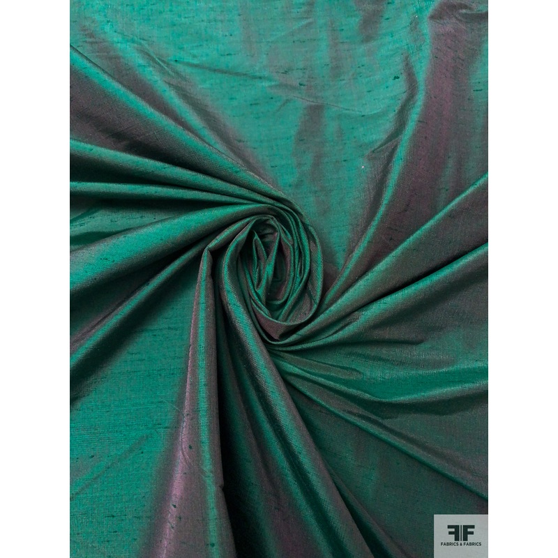 Iridescent Solid Silk Shantung – Emerald Green / Pink Fabric by the Yard