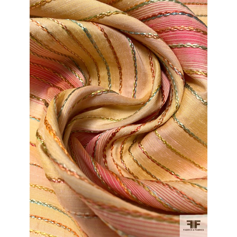 Made in France Stripe Stitched Novelty Brocade – Yellow / Coral / Orange / Mint Fabric by the Yard