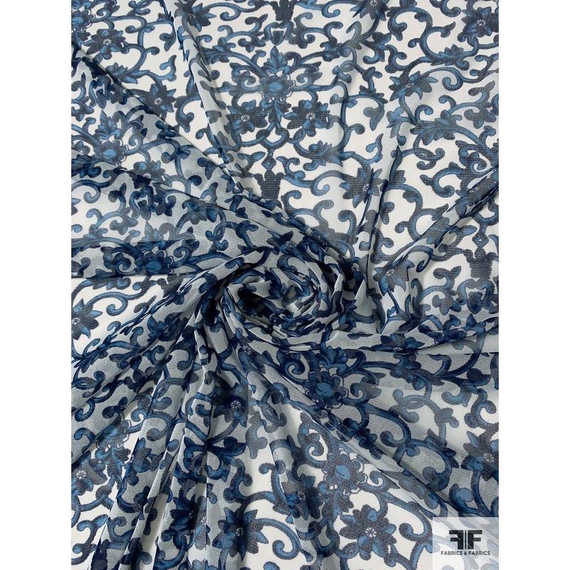 Ornate Floral Printed Stretch Nylon Tulle – Navy / Blue / White Fabric by the Yard