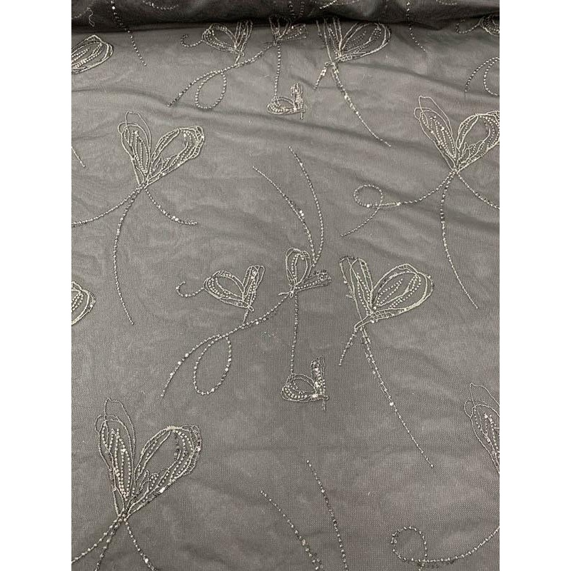 Pamella Roland Embroidered Hearts with Sequins Tulle – Black Fabric by the Yard