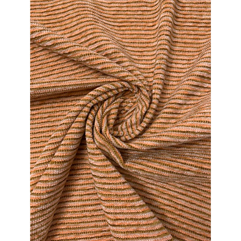 Yarn-Dyed Chenille Striped Tweed with Lurex Fibers – Peach / Ochre / Pearl Grey Fabric by the Yard