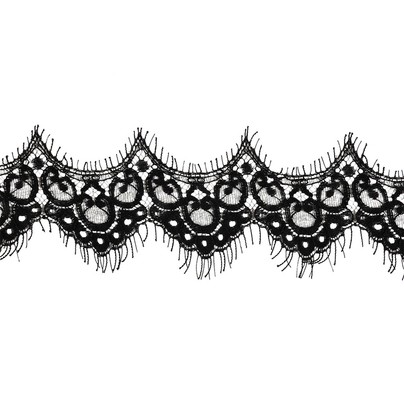Black Abstract Scallops Lace Trim with Eyelash Fringe – 5.5 yds x 3″