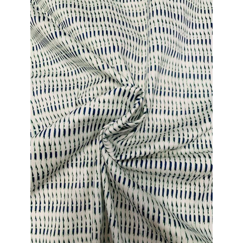 Broken Striped Printed Stretch Cotton Sateen – Off-White / Navy / Green Fabric by the Yard