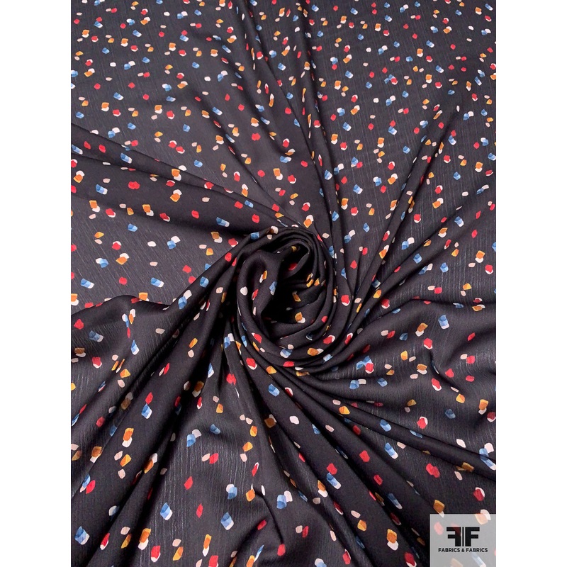 Confetti Printed Crinkled Polyester Satin Chiffon – Black / Multicolor Fabric by the Yard