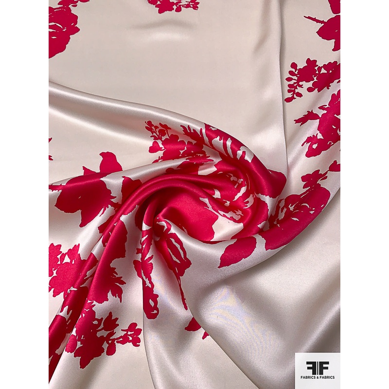 Floral Bouquet Silhouette Printed Silk Charmeuse – Magenta / Ivory Fabric by the Yard