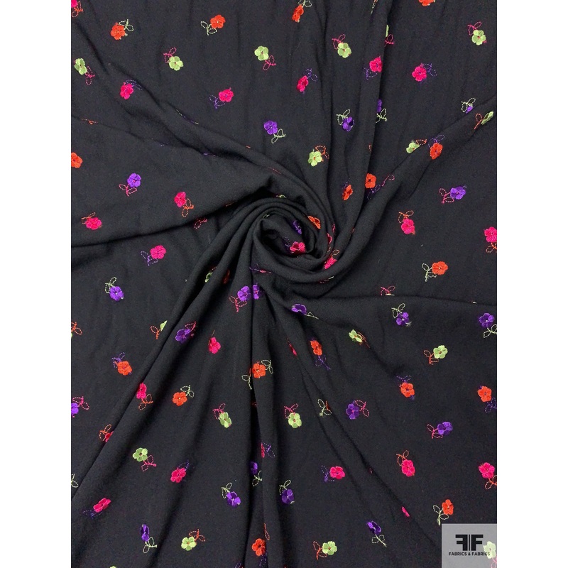 Floral Embroidered Polyester Crepe – Black / Hot Pink / Violet / Orange / Pale Lime Fabric by the Yard