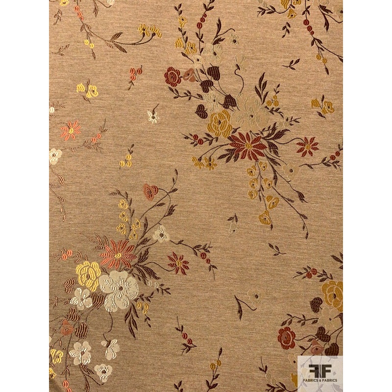 French Autumn Floral Bouquets Brocade – Light Brown / Brown / Yellow Gold / Rust Fabric by the Yard