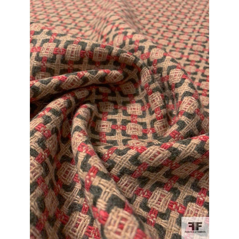 Italian Geometric Grid Wool Blend Tweed – Tan / Forest Green / Dusty Raspberry Fabric by the Yard