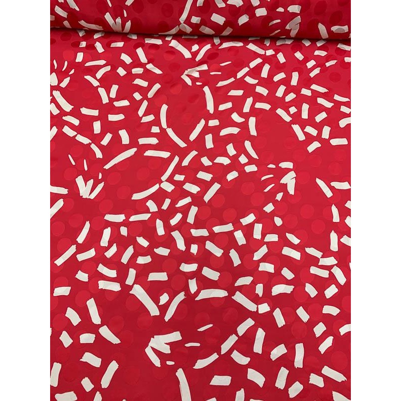 Italian Graphic Strokes Printed Polka Dot Silk Jacquard – Red / Tan Fabric by the Yard