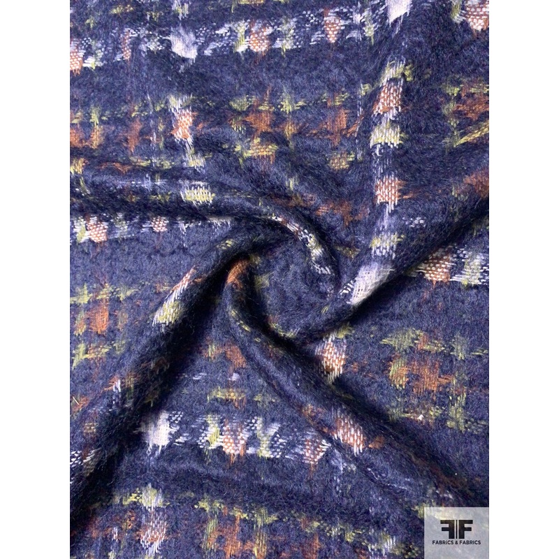 Italian Houndstooth Plaid Soft Mohair Jacket-Weight Coating – Navy / Lime / Brown / Off-White Fabric by the Yard