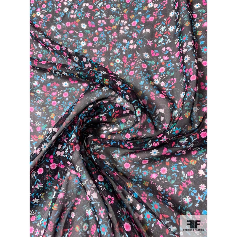 Italian Vibrant Ditsy Floral Crinkled Silk Chiffon – Hot Pink / Turquoise Blue / Red / Black Fabric by the Yard