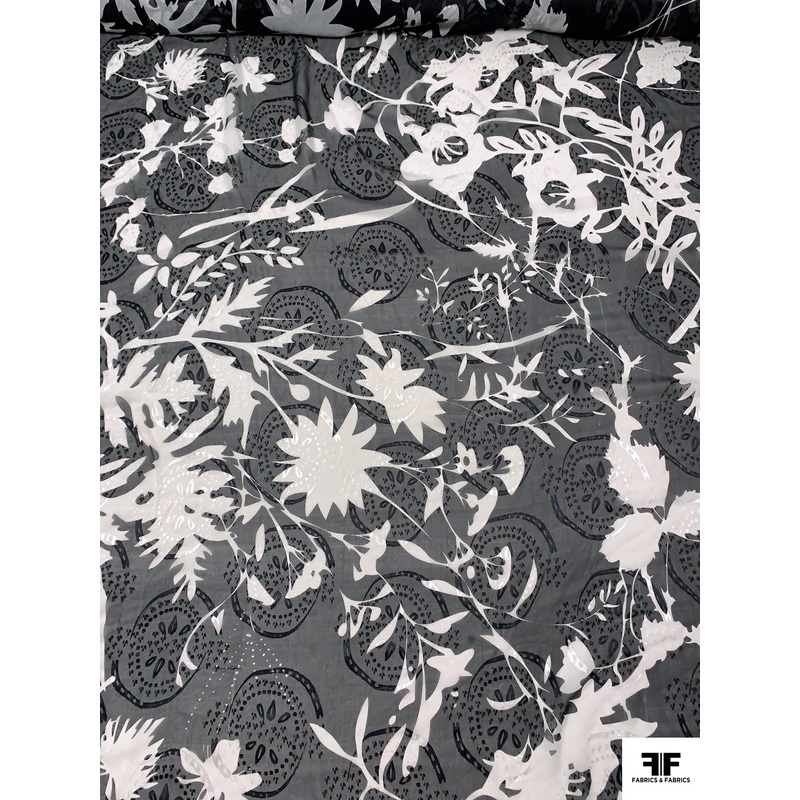 Leafs and Stems Silhouette Printed Burnout Chiffon – Black / Off-White Fabric by the Yard