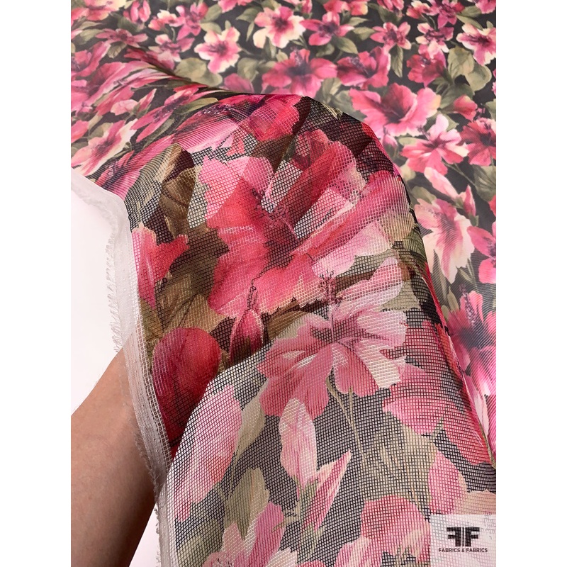 Pamella Roland Italian Floral Printed Marquisette Mesh Silk Organza – Magenta / Pink / Green / Black Fabric by the Yard