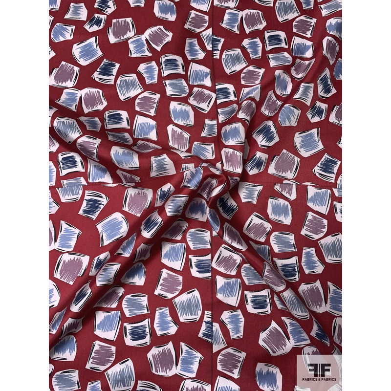 Playful Geometric Printed Vintage Fine Silk Twill – Dark Red / Blues / Dusty Purple / Off-White Fabric by the Yard