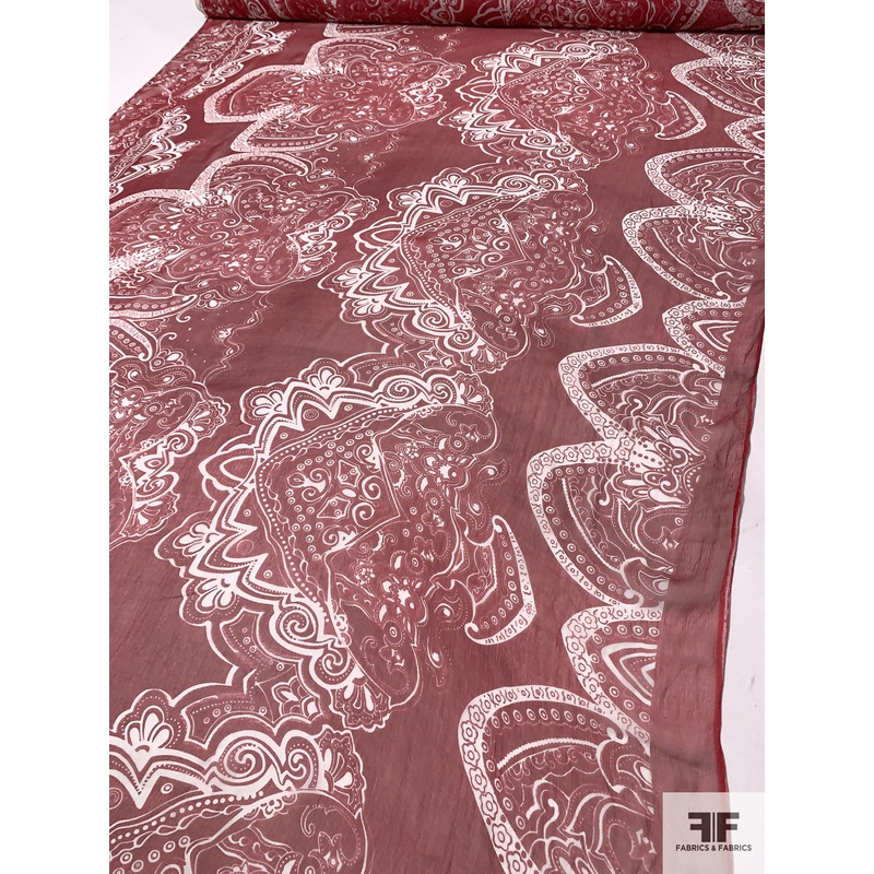 Shield Motif Printed Slightly Crinkled Silk Chiffon – Dark Red / Off-White Fabric by the Yard