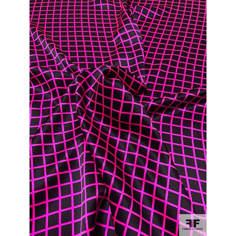 Vibrant Windowpane Printed Silk Charmeuse – Highlighter Hot Pink / Black Fabric by the Yard