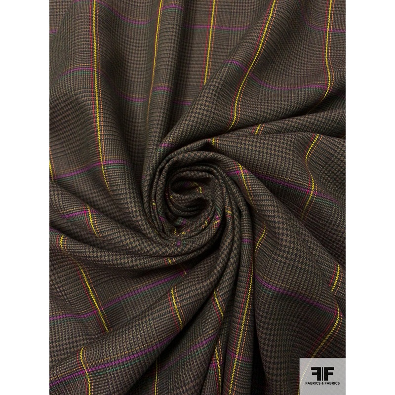 Windowpane Glen Plaid Wool-Cotton Suiting – Brown / Army Green / Yellow / Red / Purple Fabric by the Yard