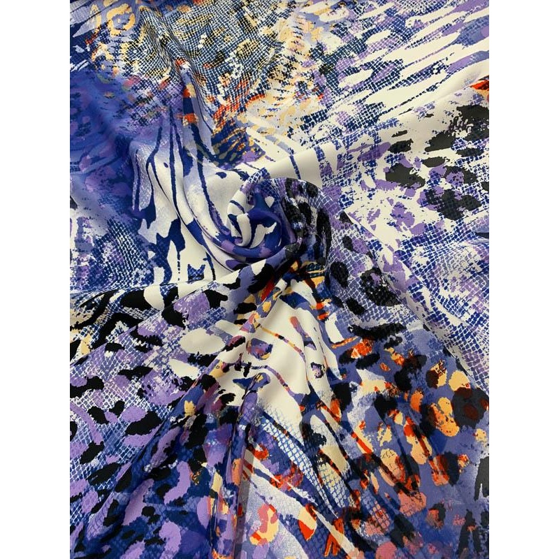 Abstract Animal Collage Matte-Printed Silk Charmeuse – Blue / White / Multicolor Fabric by the Yard
