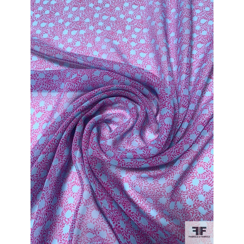 Ditsy Leaf Vine Clusters Printed Silk Chiffon – Clear Blue / Magenta Fabric by the Yard