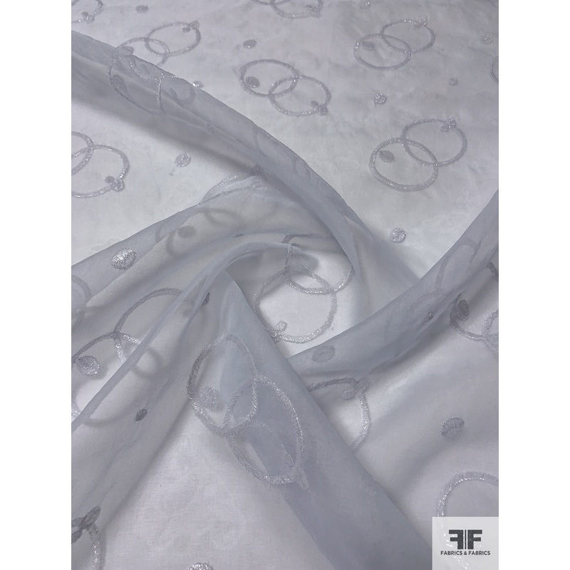 French Circle Rings Embroidered Organza – Pale Lilac Blue / Light Grey Fabric by the Yard