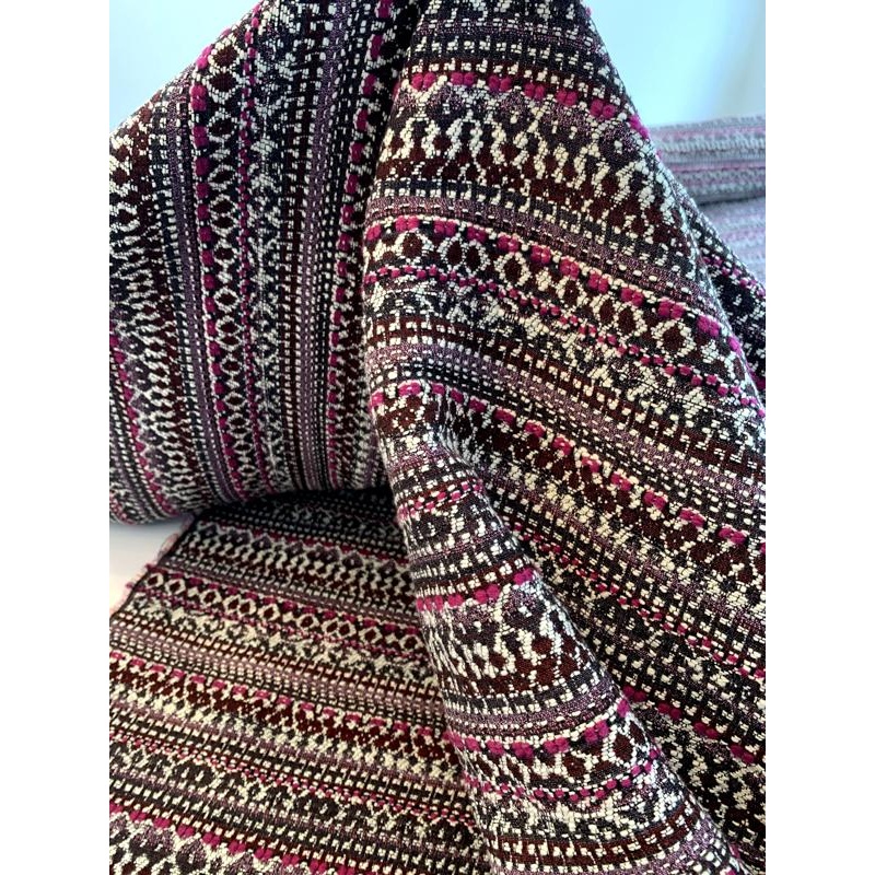 French Linear Design Cotton Blend Suiting – Magenta / Cranberry / Off-White Fabric by the Yard