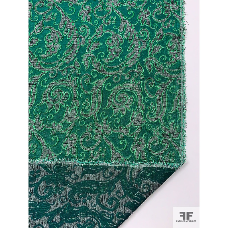 French Paisley Vine Metallic Brocade – Green / Emerald / Grey / Black Fabric by the Yard