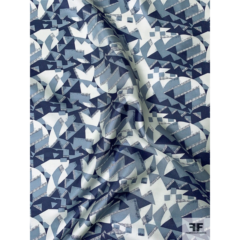 Geometric Graphic Printed Vintage Silk Twill – Shades of Postal Blue / Light Grey Fabric by the Yard