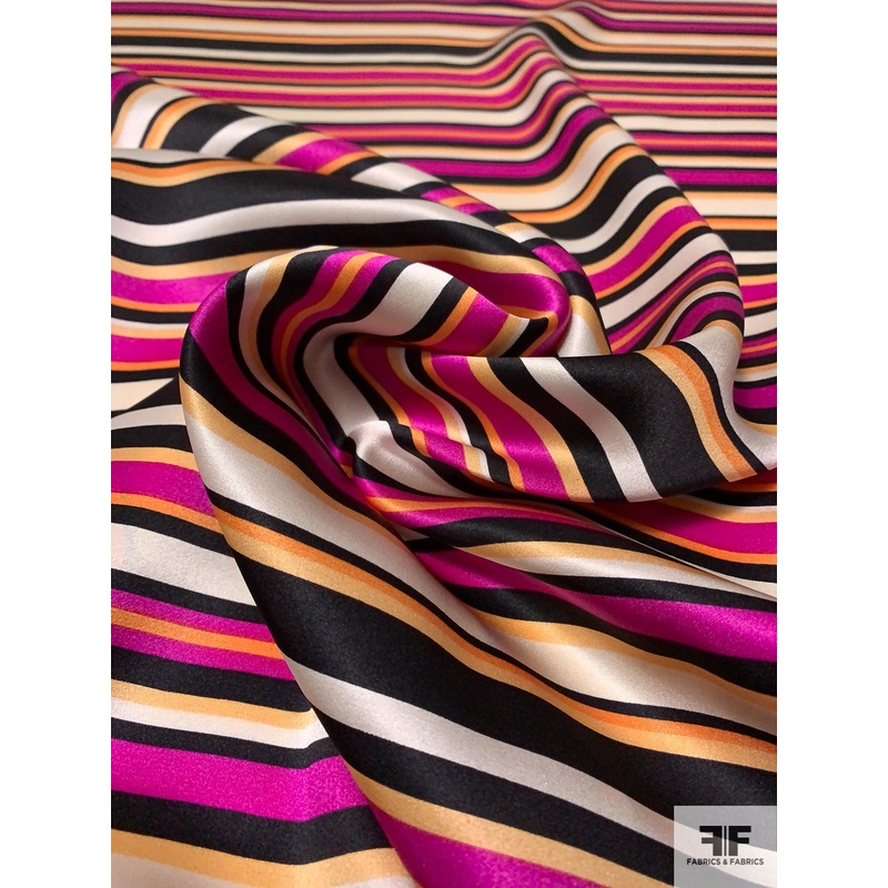 Horizontal Striped Printed Silk Charmeuse – Magenta / Orange / Black / Blush Fabric by the Yard