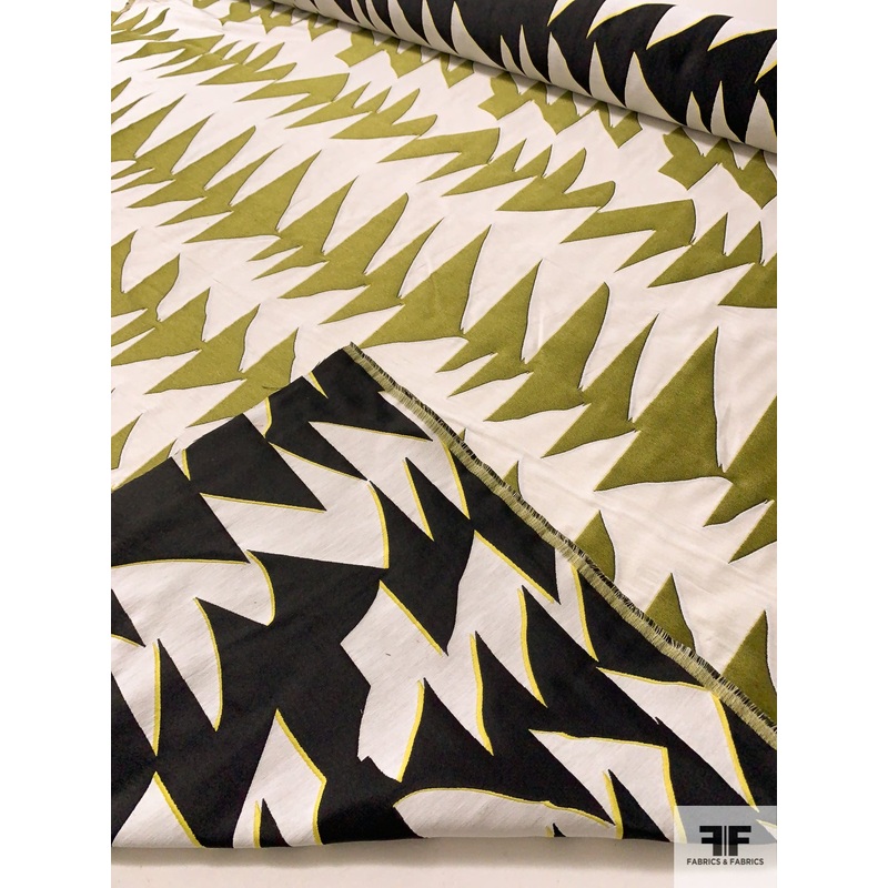 Italian Abstract Geometric 2 Ply Brocade – Cadmium Green / Chartreuse / White / Black Fabric by the Yard