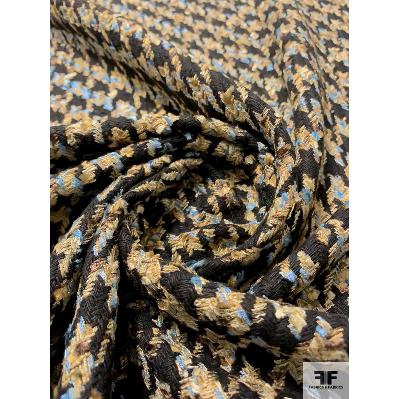 Italian Houndstooth Couture Tweed Suiting – Navy / Beige / Browns / Sky Blue Fabric by the Yard