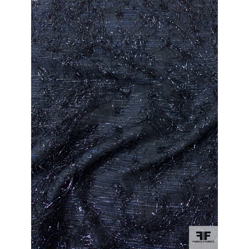 Italian Metallic Brocade with Eyelash Fringe and Fused Back – Navy / Black Fabric by the Yard