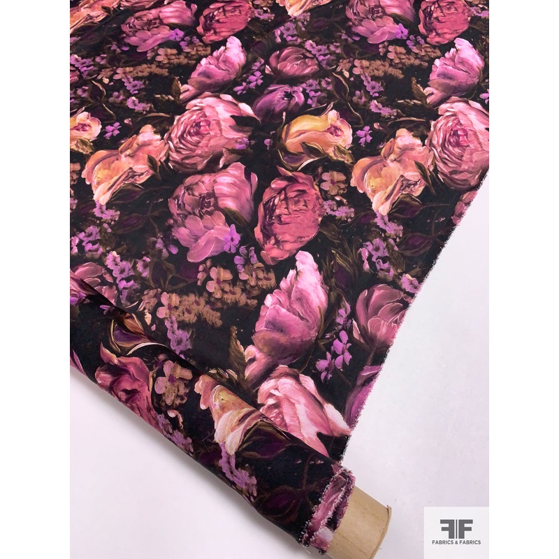 Large Floral Printed Silk Georgette – Purple/Black Fabric by the Yard