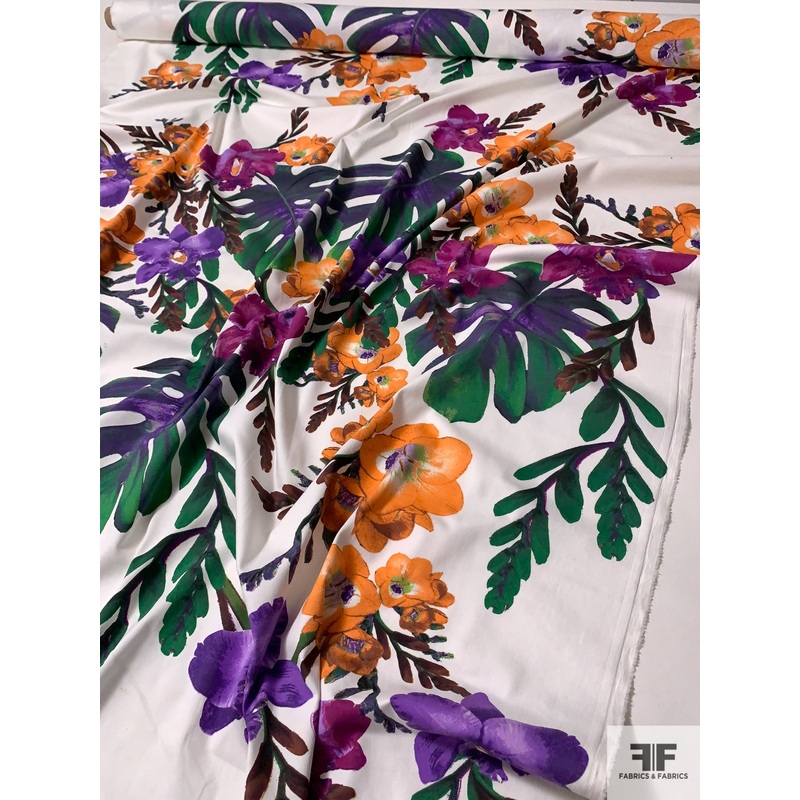 Large-Scale Tropical Leaf and Floral Printed SUPER Stretch Cotton Twill – Multicolor Fabric by the Yard