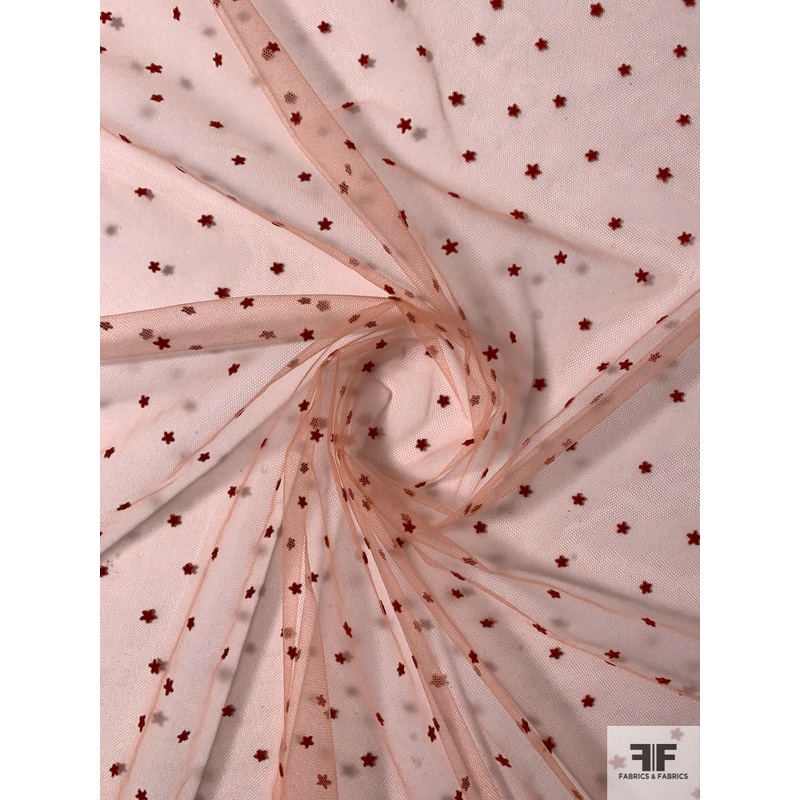 Made in France Star Design Flocked Tulle – Brick Red / Dusty Peach Fabric by the Yard