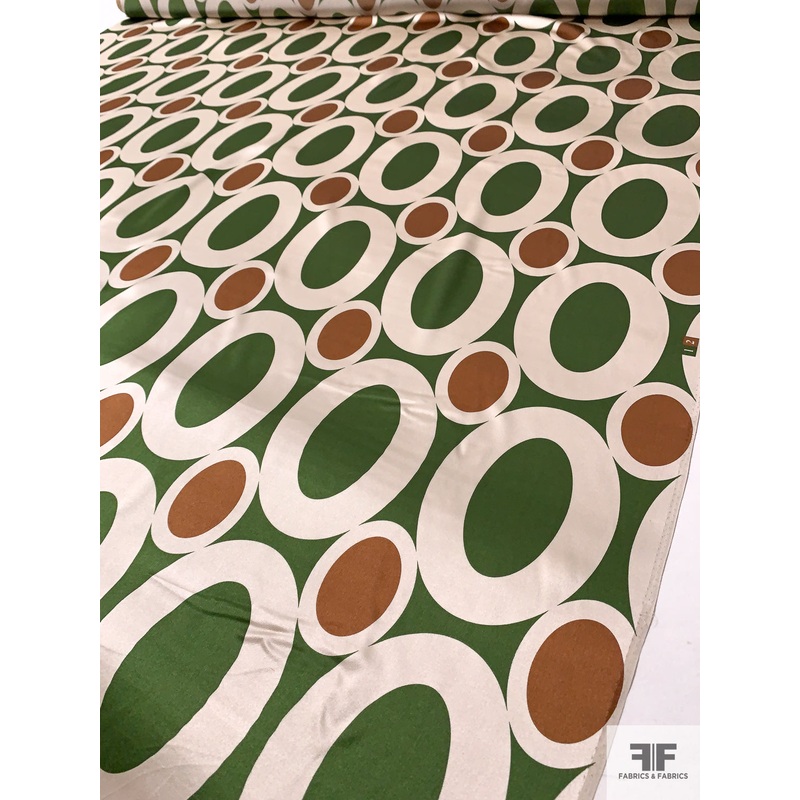 Oval Rings Printed Silk Charmeuse – Green / Beige / Brown Fabric by the Yard